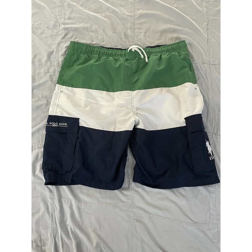 Men US Polo Assn Cargo Line Elastic Embroidered Swim Trunks XXL Green Blue White